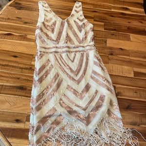Rose Gold and Cream Flapper Beaded Mini Dress